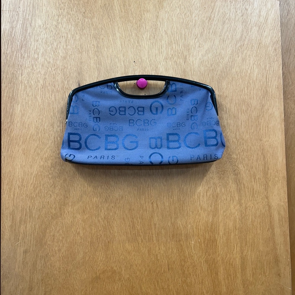 Preowned BCBG Paris Monogrammed Blue Fabric Clutch Bag (as is pls look at pics)